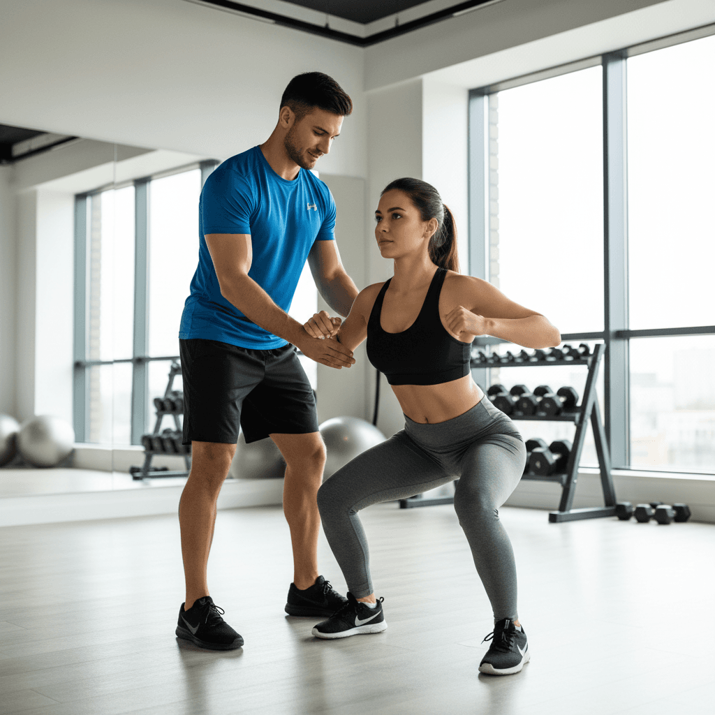 Exercise specialist guiding client through balance training