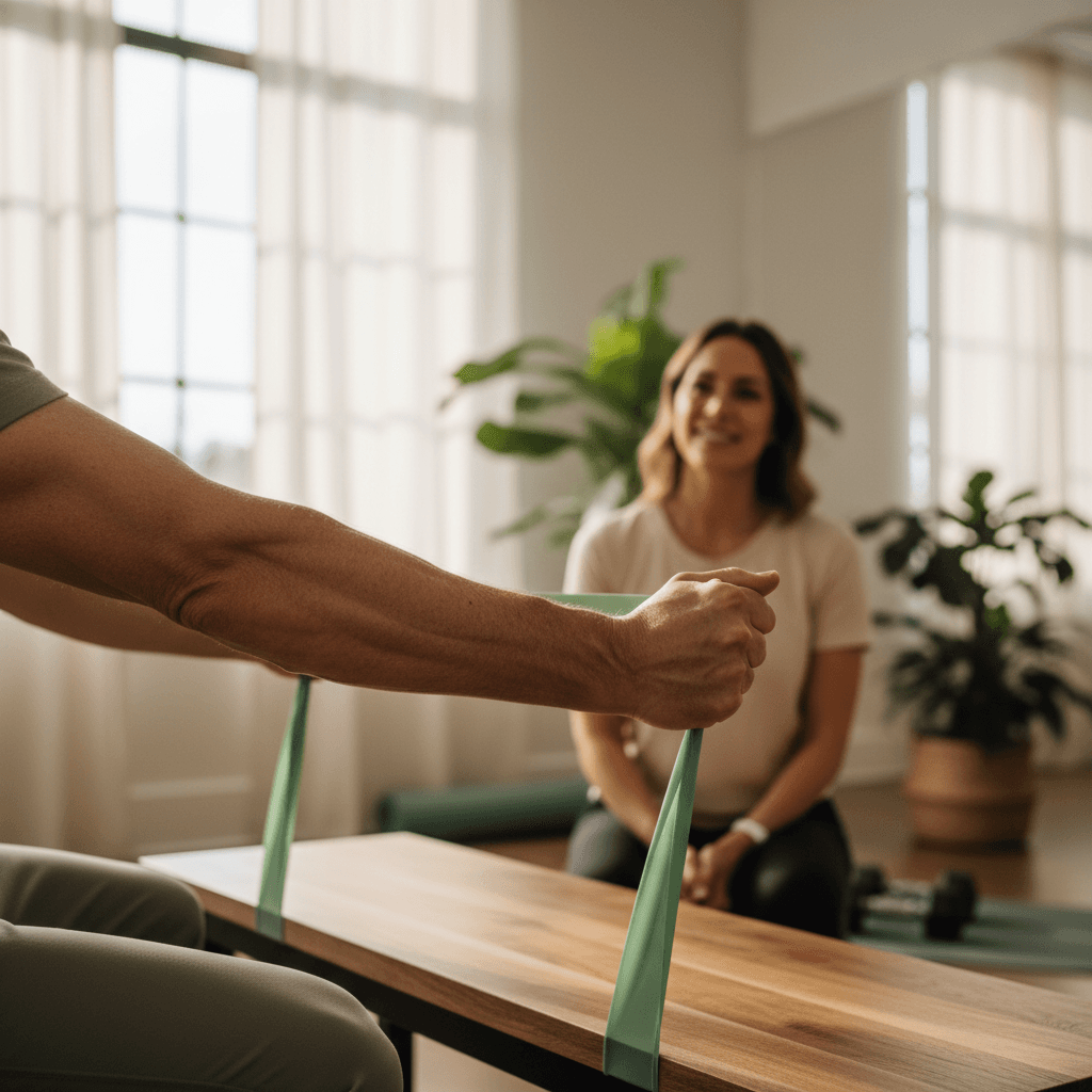 Older adult doing balance exercise with supervision
