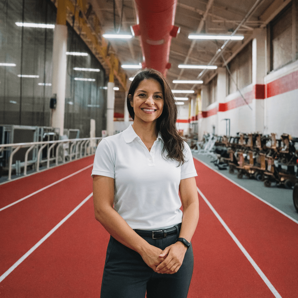 Smiling woman in white polo shirt standing on a red indoor track in a gym.
